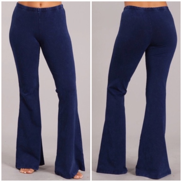 Galaxy Blue Boho Mineral Wash Stretch Flared Bell Bottom Casual Pants - Picture 1 of 6